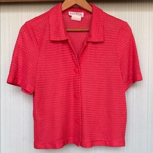 Vintage 80s Preppy Vibrant Coral Open Knit Button-Down Cropped Festival Shirt